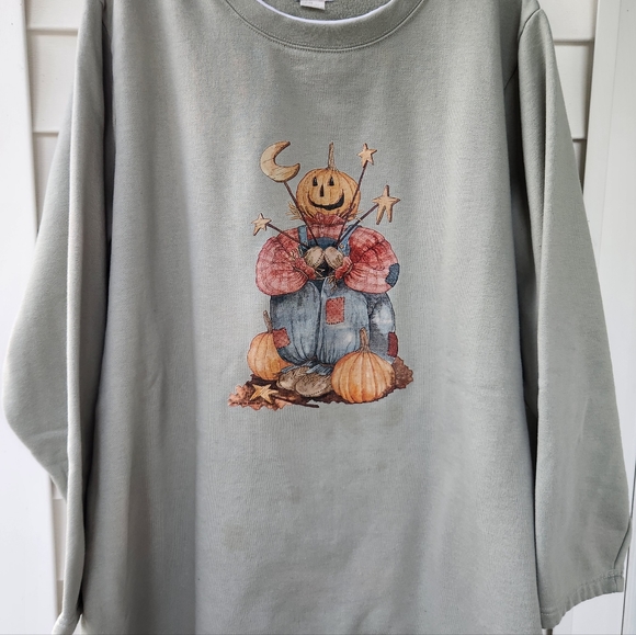 Fall Autumn Sweatshirt Sage Green with Pumpkin Scarecrow Size 3X - Picture 4 of 7